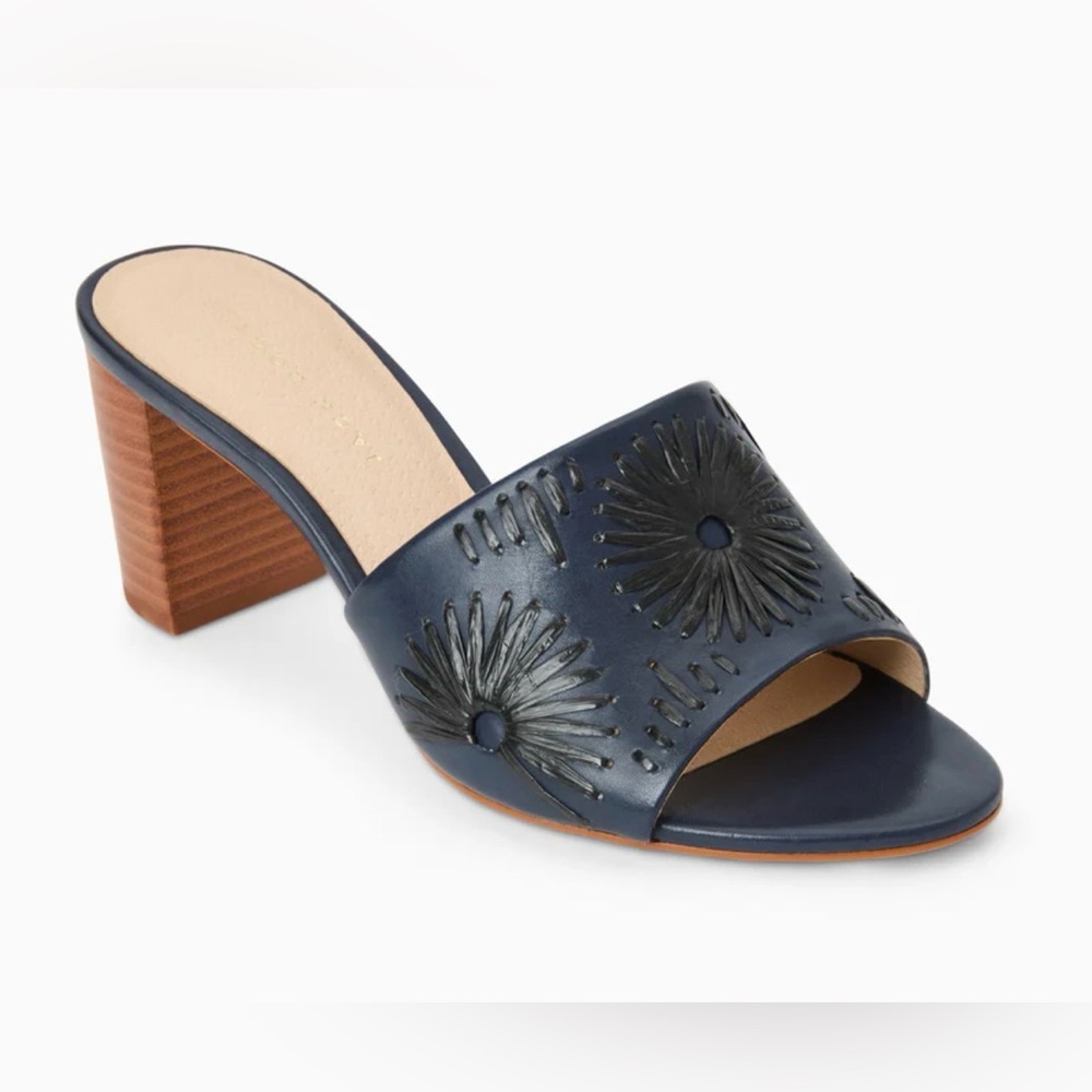 Jack Rogers Susie Block Heel Mule Sandal Midnight Black Leather / Raffia